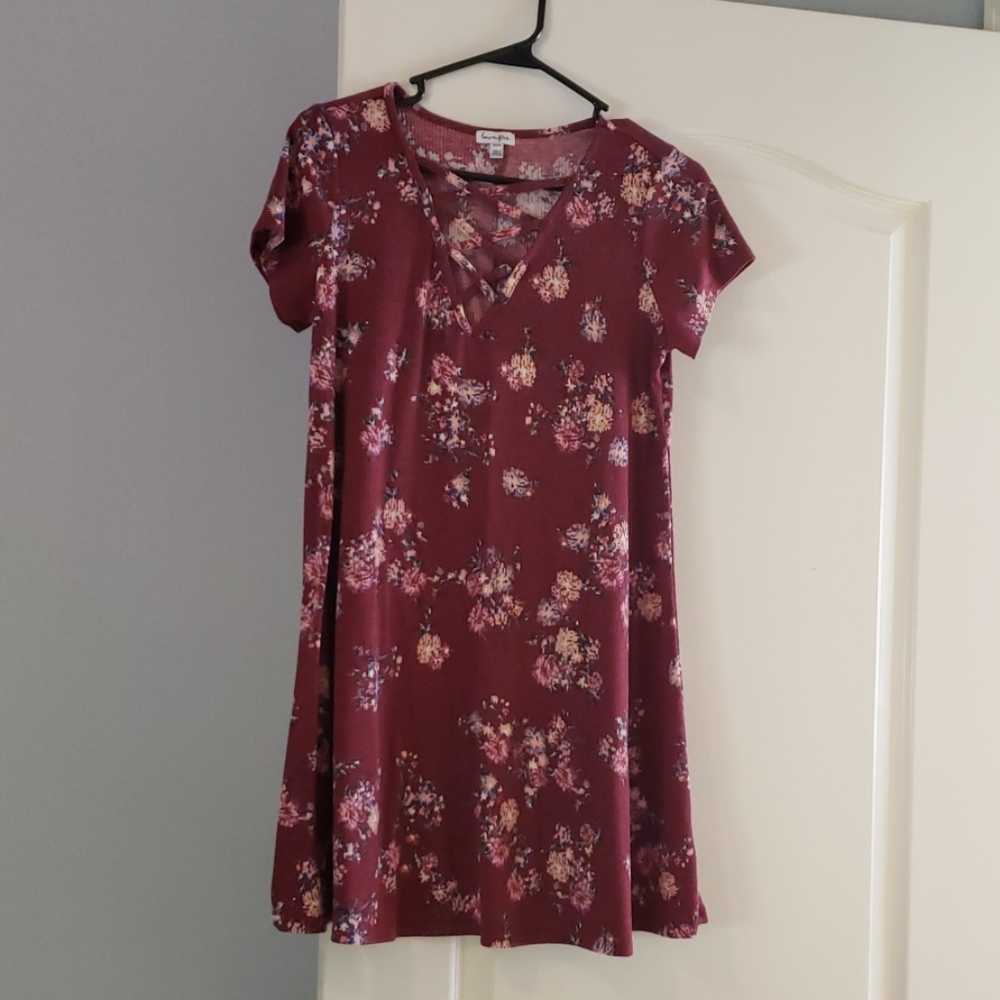 Floral burgundy dress.